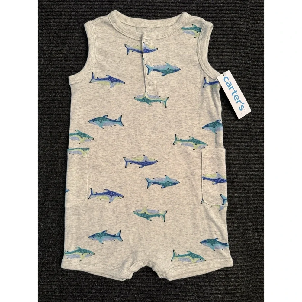 Carter's Baby Boy 18M Romper NWT Grey Shark Fish Sleeveless One Piece